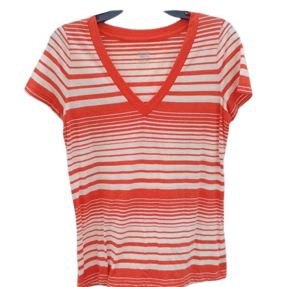 V neck striped orange white t shirt cotton blend